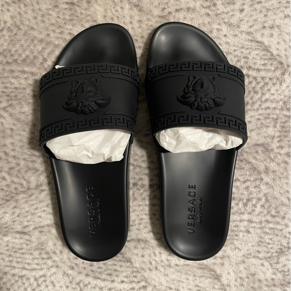 Versace Black Embossed Logo Slides